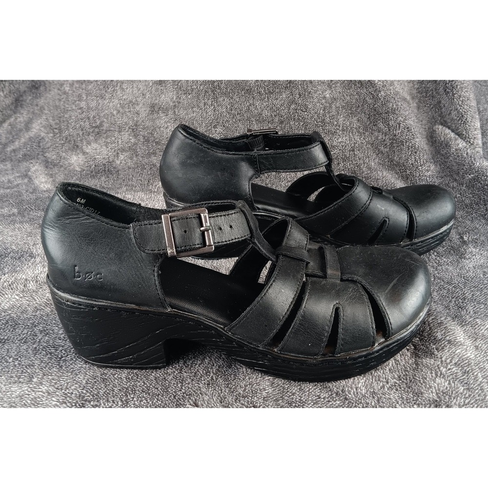 Born boc Black Leather Wedge Mary‎ Jane Cutout Sandals Women Size 6M - Picture 3 of 9